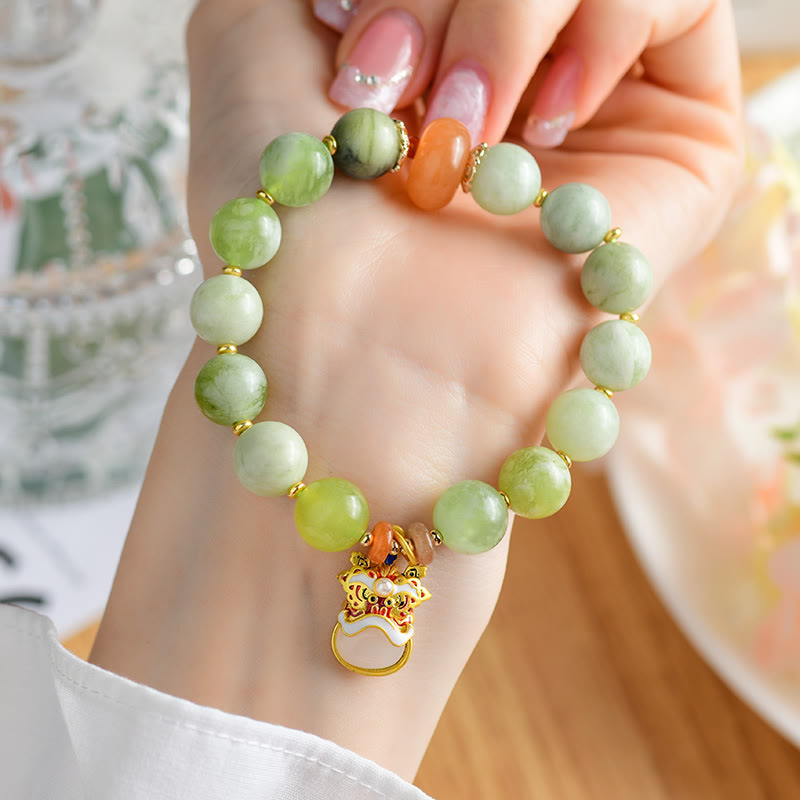 Buddha Stones Natural Jade Dancing Lion Charm Prosperity Luck Bracelet