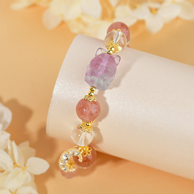 Buddha Stones Natural White Strawberry Quartz Crystal Healing Love Nine-tailed Fox  Moon Pendant Bracelet