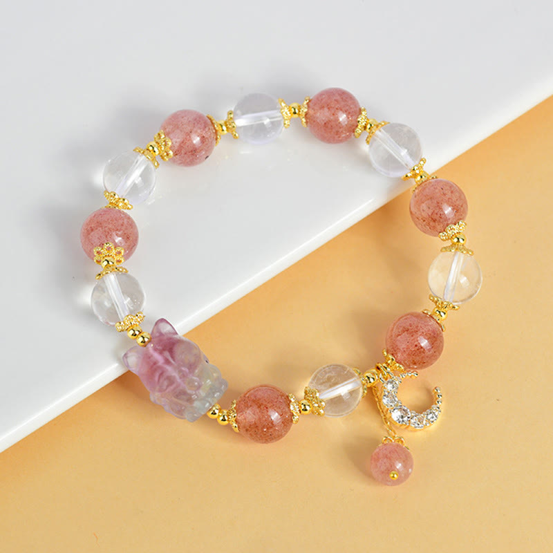 Buddha Stones Natural White Strawberry Quartz Crystal Healing Love Nine Tailed Fox  Moon Pendant Bracelet