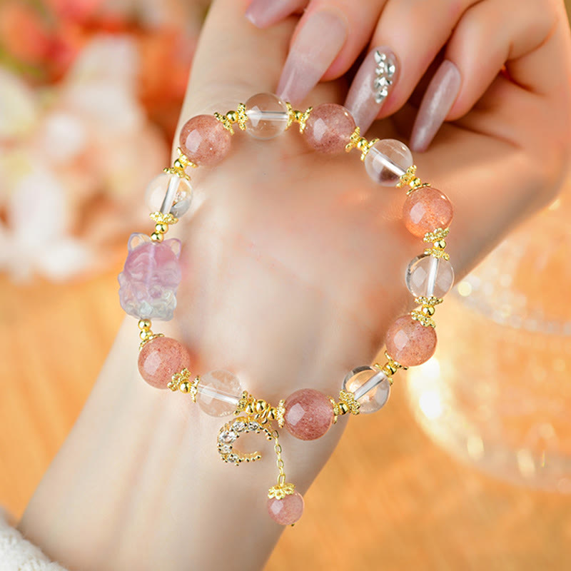 Buddha Stones Natural White Strawberry Quartz Crystal Healing Love Nine-tailed Fox  Moon Pendant Bracelet