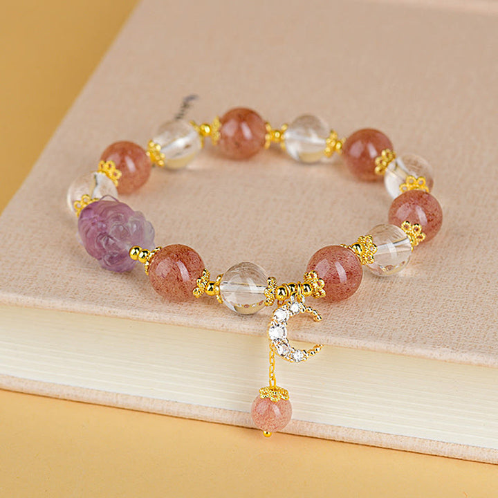 Buddha Stones Natural White Strawberry Quartz Crystal Healing Love Nine Tailed Fox  Moon Pendant Bracelet