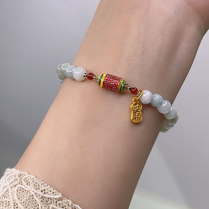 Buddha Stones Tibetan Natural Jade Fu Character Prayer Wheel Prosperity Abundance Bracelet