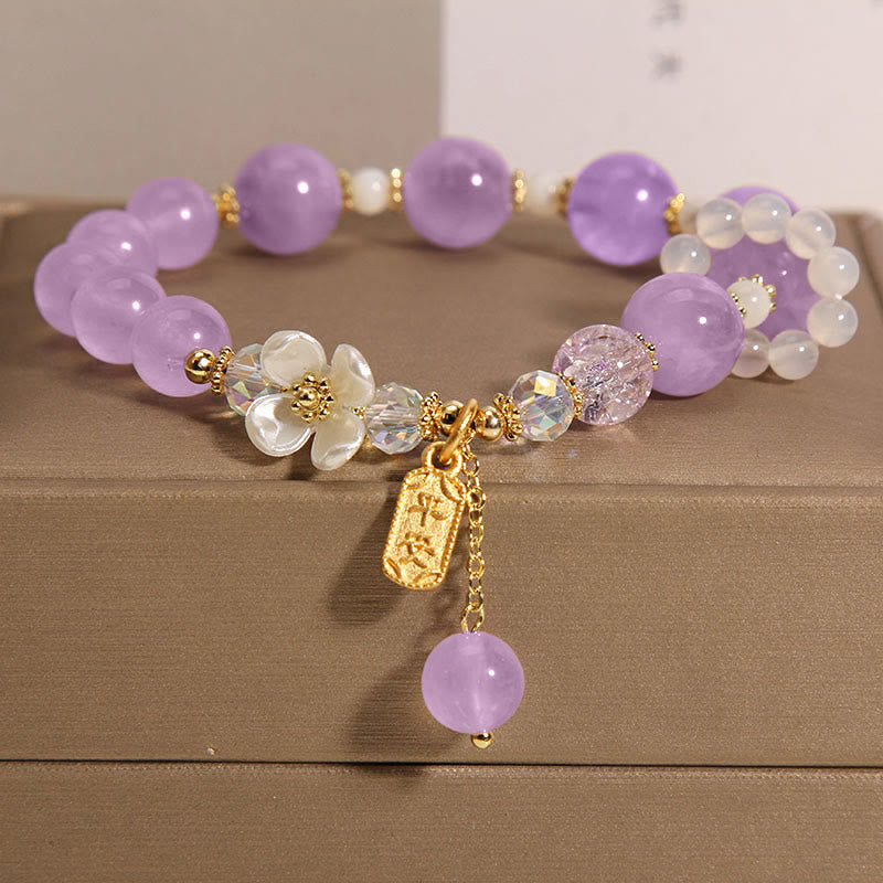 Buddha Stones Natural Blue Crystal Amethyst Chalcedony Flower Healing Bracelet