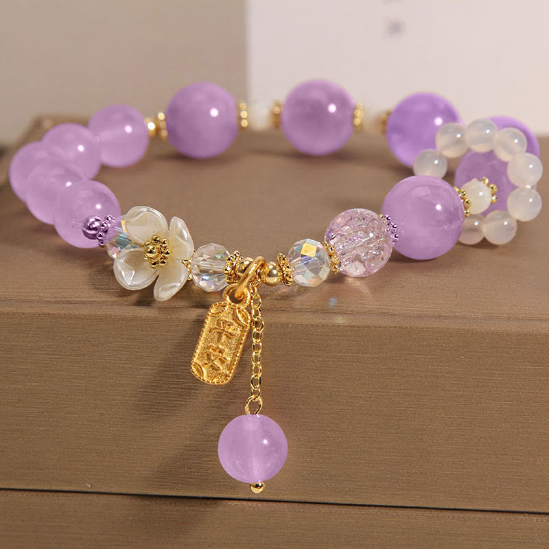 Buddha Stones Natural Blue Crystal Amethyst Chalcedony Flower Healing Bracelet