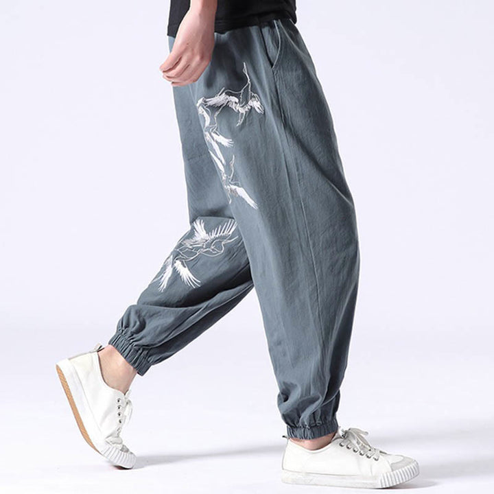 Buddha Stones White Crane Embroidery Design Drawstring Men's Harem Pants With Pockets - image 1
