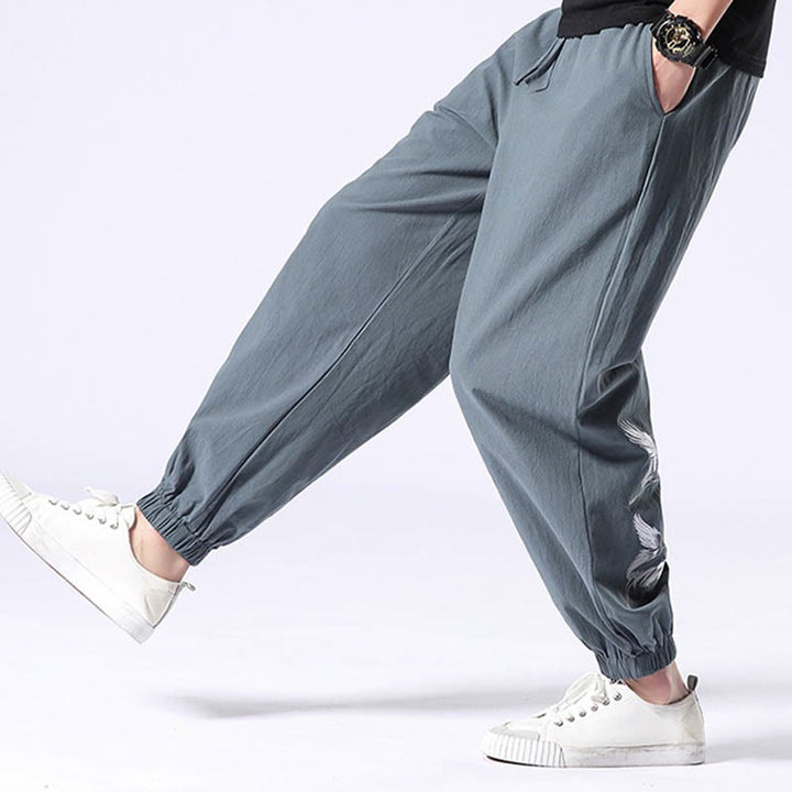 Buddha Stones White Crane Embroidery Design Drawstring Men's Harem Pants With Pockets - image 4