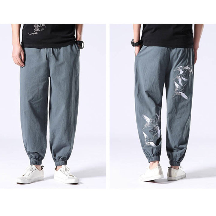 Buddha Stones White Crane Embroidery Design Drawstring Men's Harem Pants With Pockets - image 5