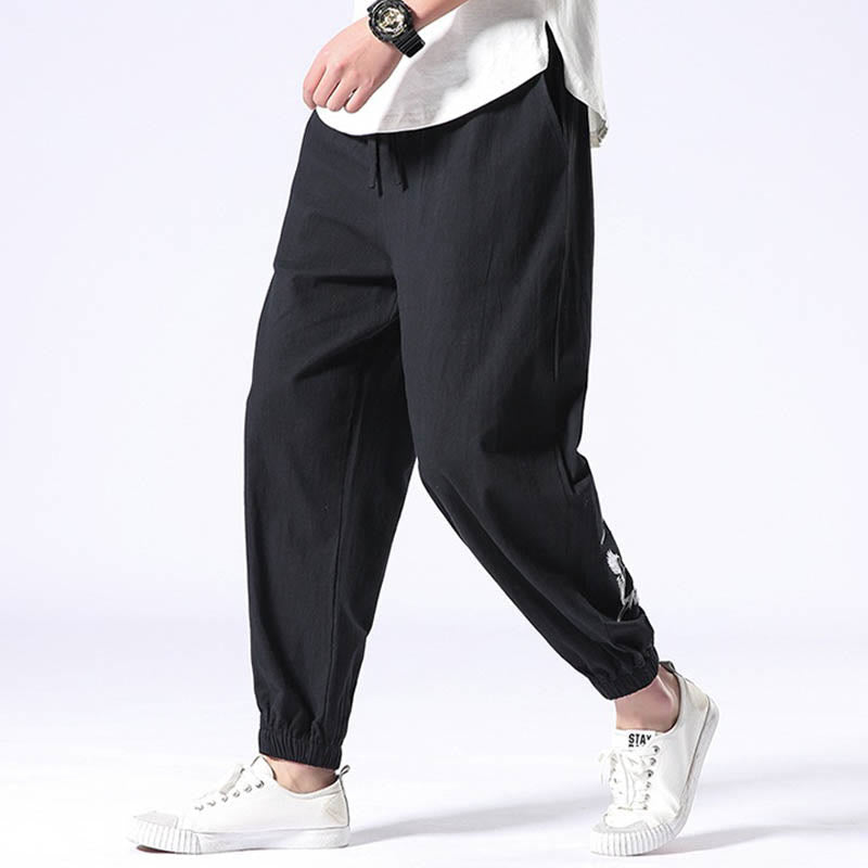 Buddha Stones White Crane Embroidery Design Drawstring Men's Harem Pants With Pockets - image 8