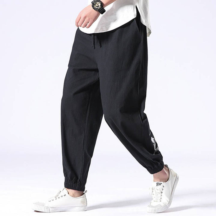 Buddha Stones White Crane Embroidery Design Drawstring Men's Harem Pants With Pockets - image 8