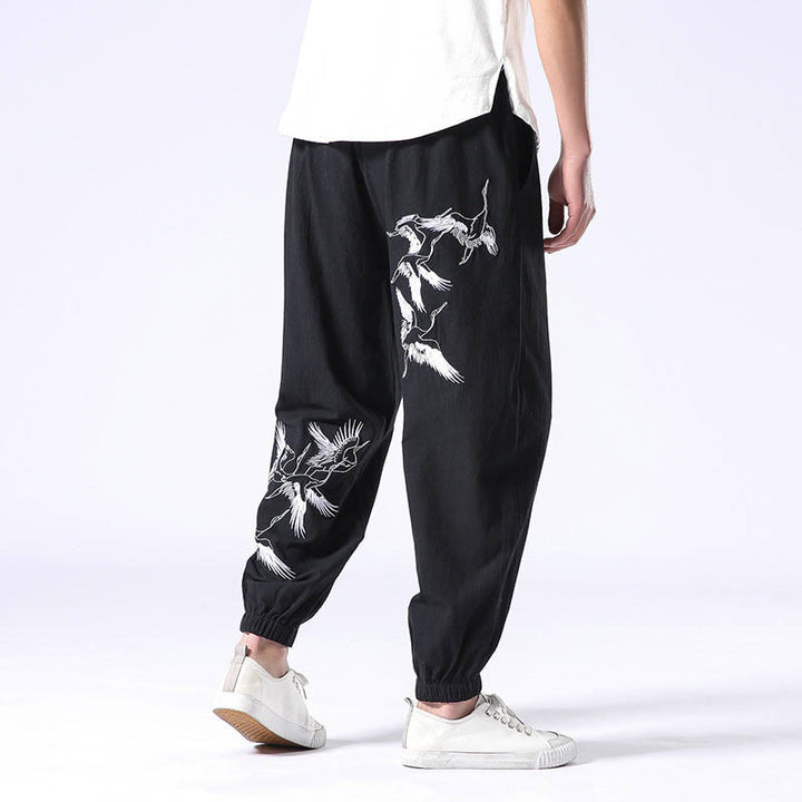 Buddha Stones White Crane Embroidery Design Drawstring Men's Harem Pants With Pockets - Black - US/UK/AU42，EU52 (3XL) - image 6