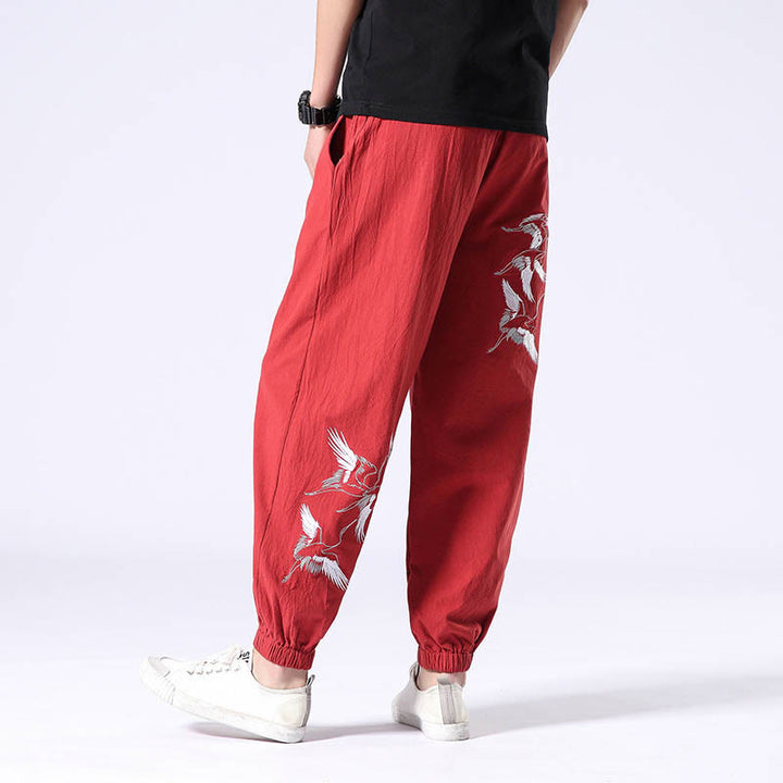 Buddha Stones White Crane Embroidery Design Drawstring Men's Harem Pants With Pockets - Red - US/UK/AU42，EU52 (3XL) - image 13