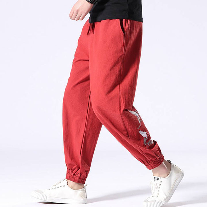 Buddha Stones White Crane Embroidery Design Drawstring Men's Harem Pants With Pockets - image 13