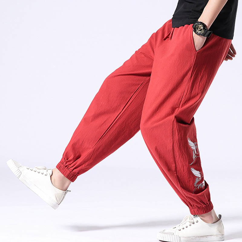 Buddha Stones White Crane Embroidery Design Drawstring Men's Harem Pants With Pockets - image 17