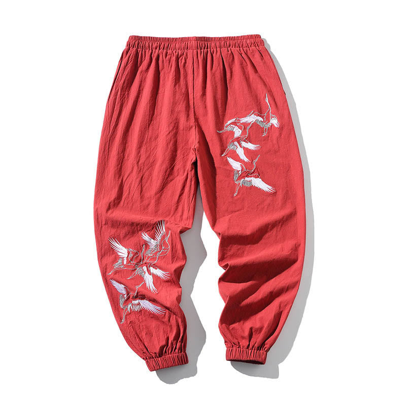 Buddha Stones White Crane Embroidery Design Drawstring Men's Harem Pants With Pockets - image 19