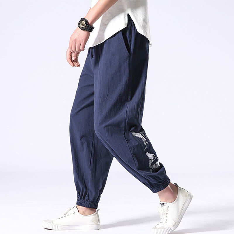 Buddha Stones White Crane Embroidery Design Drawstring Men's Harem Pants With Pockets - image 25