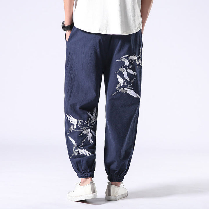 Buddha Stones White Crane Embroidery Design Drawstring Men's Harem Pants With Pockets