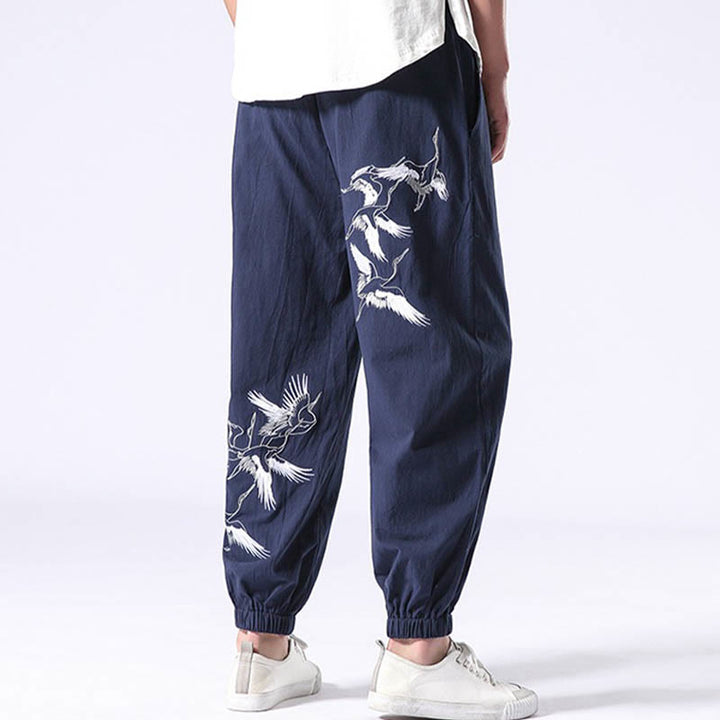 Buddha Stones White Crane Embroidery Design Drawstring Men's Harem Pants With Pockets - image 23