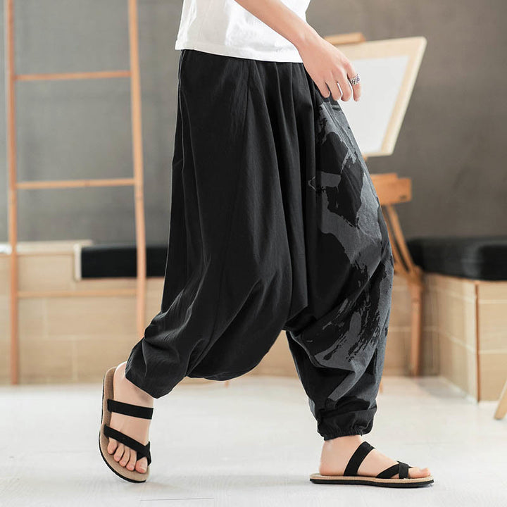 Buddha Stones Simple Summer Calligraphy Cotton Men's Harem Pants With Pockets