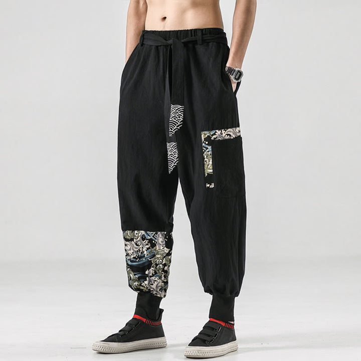 Buddha Stones Ocean Waves Lace-up Cotton Men's Harem Pants With Pockets