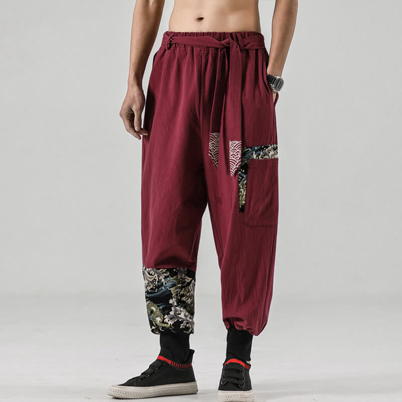 Buddha Stones Ocean Waves Lace-up Cotton Men's Harem Pants With Pockets