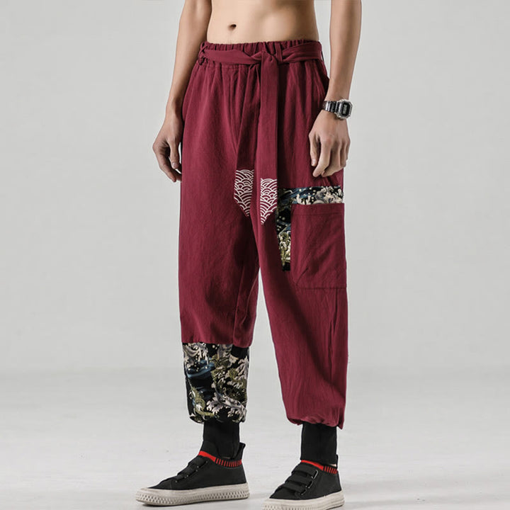 Buddha Stones Ocean Waves Lace-up Cotton Men's Harem Pants With Pockets