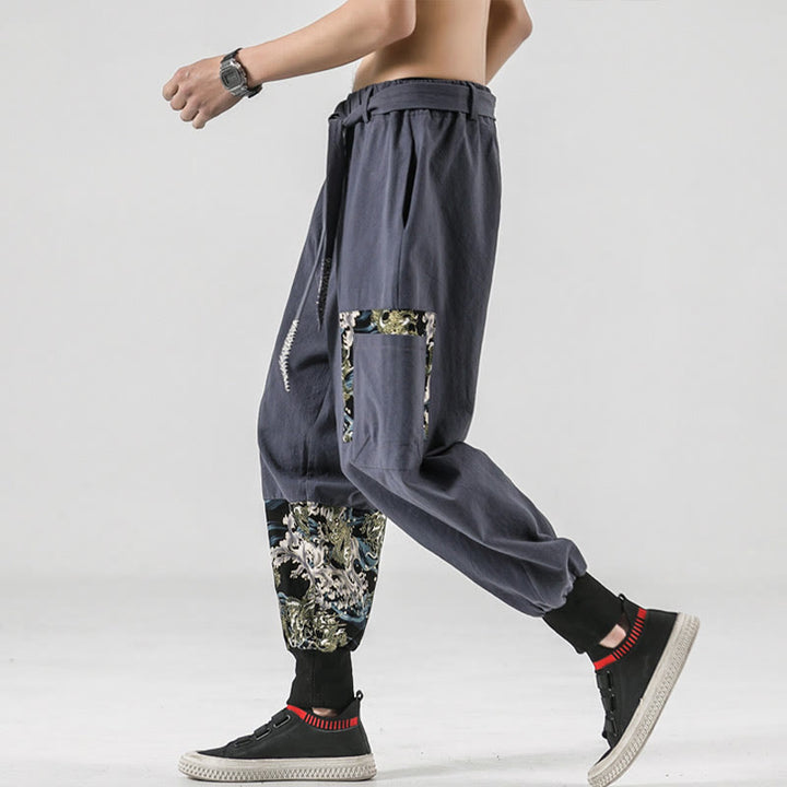 Buddha Stones Ocean Waves Lace-up Cotton Men's Harem Pants With Pockets - image 26