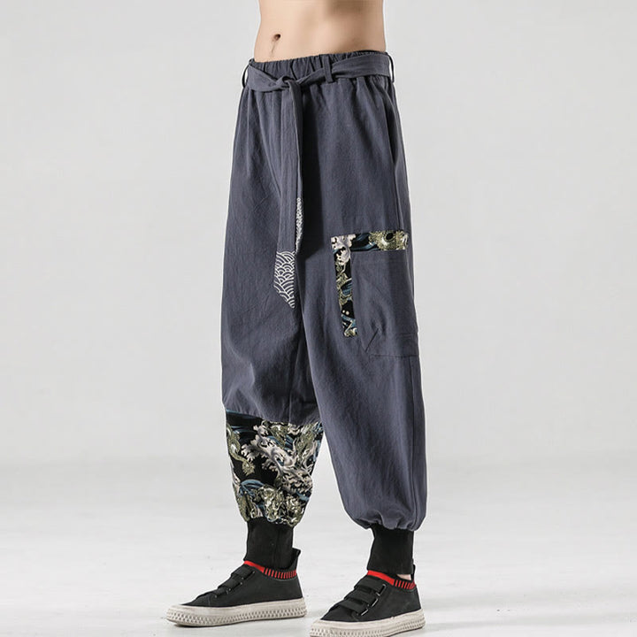 Buddha Stones Ocean Waves Lace-up Cotton Men's Harem Pants With Pockets