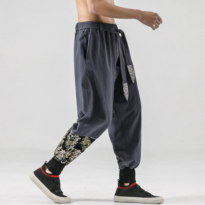 Buddha Stones Ocean Waves Lace-up Cotton Men's Harem Pants With Pockets