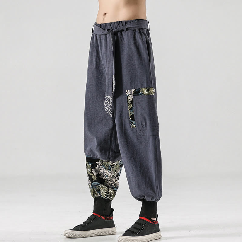 Buddha Stones Ocean Waves Lace-up Cotton Men's Harem Pants With Pockets - image 27