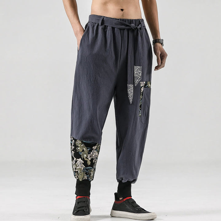 Buddha Stones Ocean Waves Lace-up Cotton Men's Harem Pants With Pockets