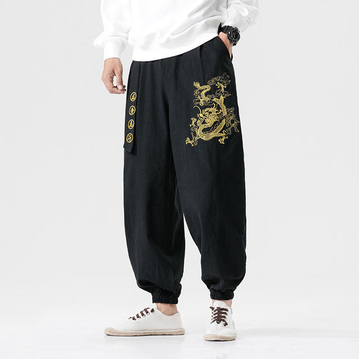 Buddha Stones Auspicious Clouds Dragon Cotton Men's Pants With Pockets