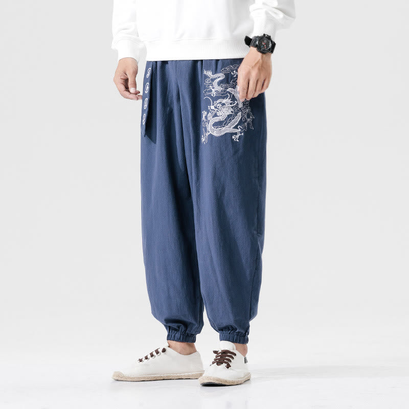 Buddha Stones Auspicious Clouds Dragon Cotton Men's Pants With Pockets