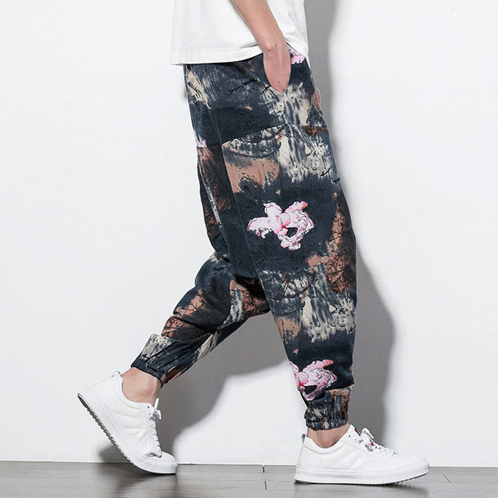 Buddha Stones Pink Lotus Ink Painting Print Cotton Men's Long Cropped Harem Pants With Pockets