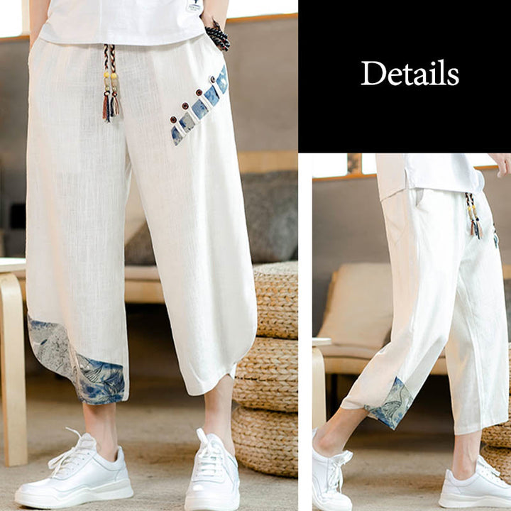 Buddha Stones Patchwork Design Drawstring Cotton Men's Cropped Pants With Pockets - image 8