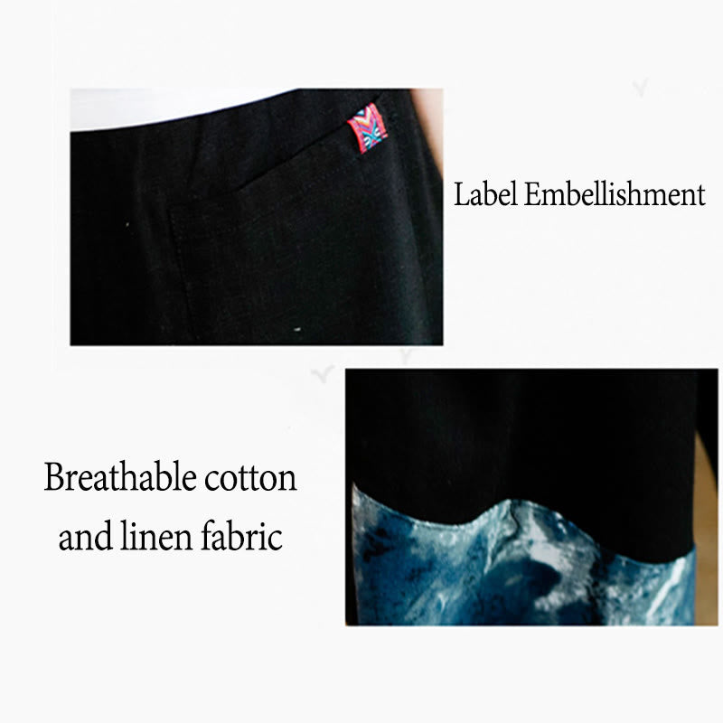 Buddha Stones Patchwork Design Drawstring Cotton Men's Cropped Pants With Pockets - image 21