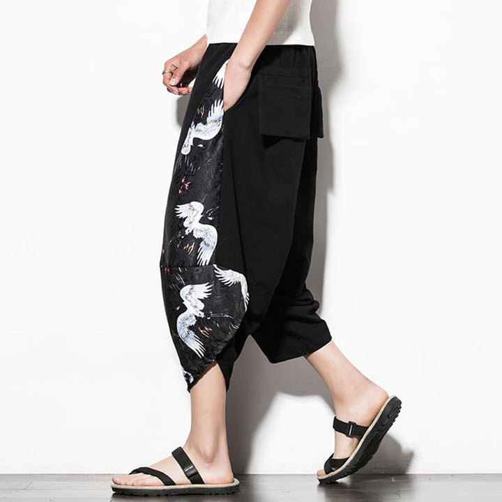 Buddha Stones White Crane Print Cotton Men's Cropped Harem Pants With Pockets - image 7