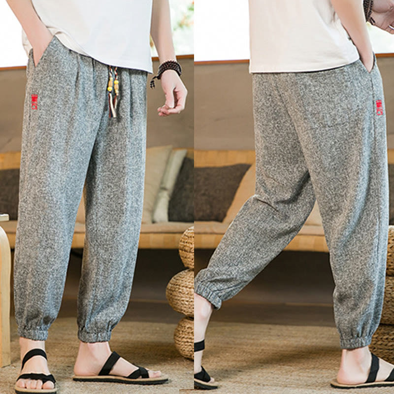 Buddha Stones Plain Drawstring Cotton Men's Harem Pants With Pockets