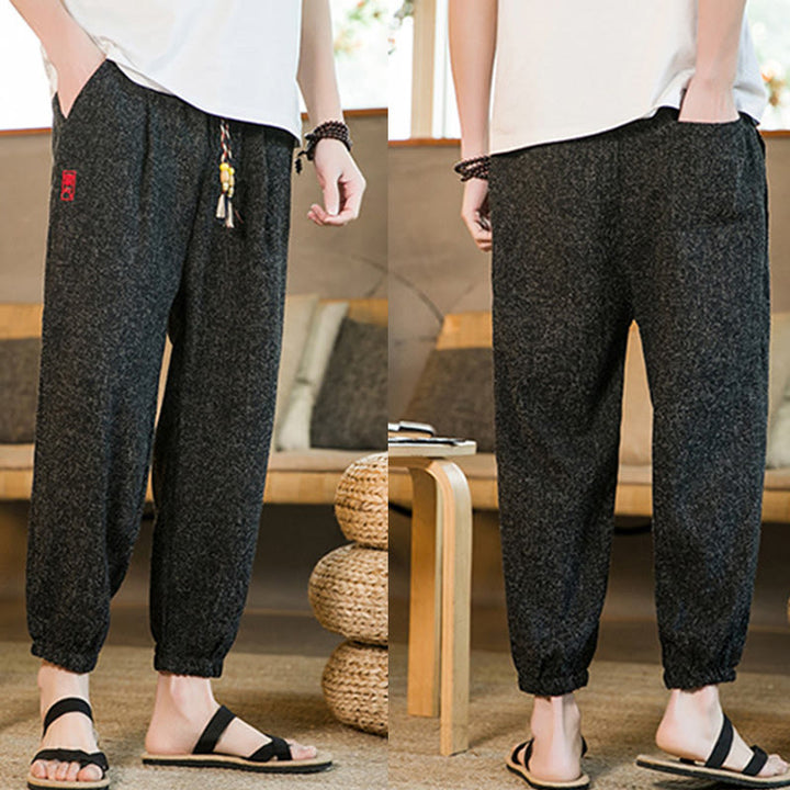 Buddha Stones Plain Drawstring Cotton Men's Harem Pants With Pockets