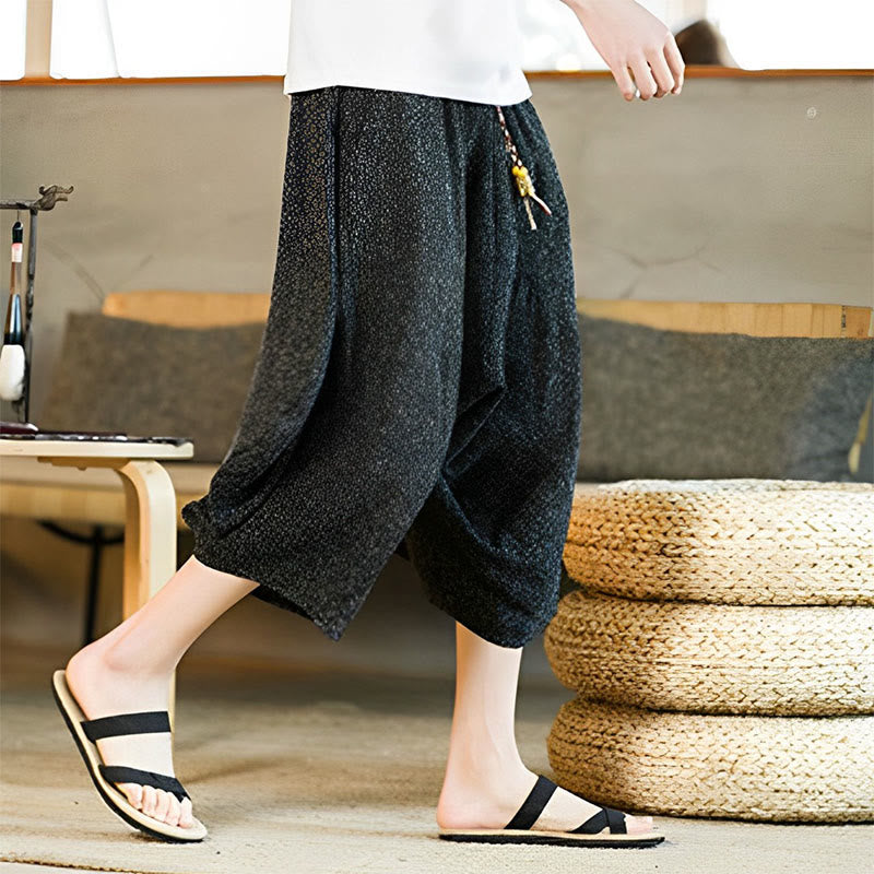 Buddha Stones Plain Design Drawstring Men's Cropped Pants With Pockets