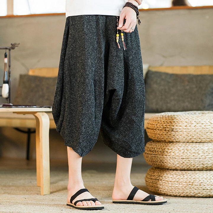 Buddha Stones Plain Design Drawstring Men's Cropped Pants With Pockets