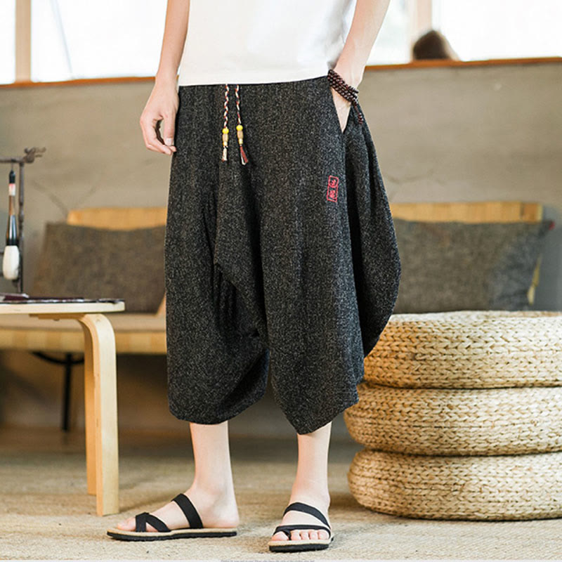 Buddha Stones Plain Design Drawstring Men's Cropped Pants With Pockets