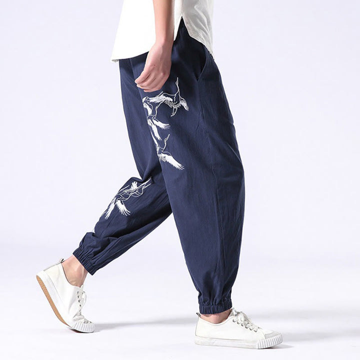 Buddha Stones White Crane Embroidery Design Drawstring Men's Harem Pants With Pockets - image 27