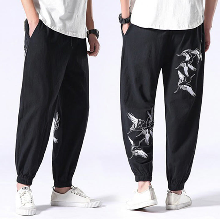 Buddha Stones White Crane Embroidery Design Drawstring Men's Harem Pants With Pockets