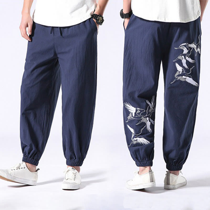 Buddha Stones White Crane Embroidery Design Drawstring Men's Harem Pants With Pockets - image 28