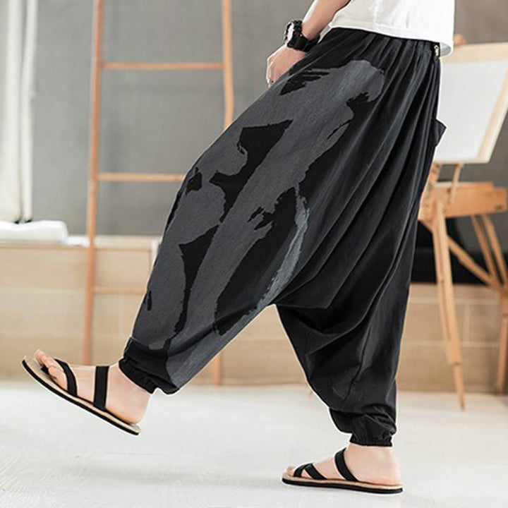 Buddha Stones Simple Summer Calligraphy Cotton Men's Harem Pants With Pockets - image 7