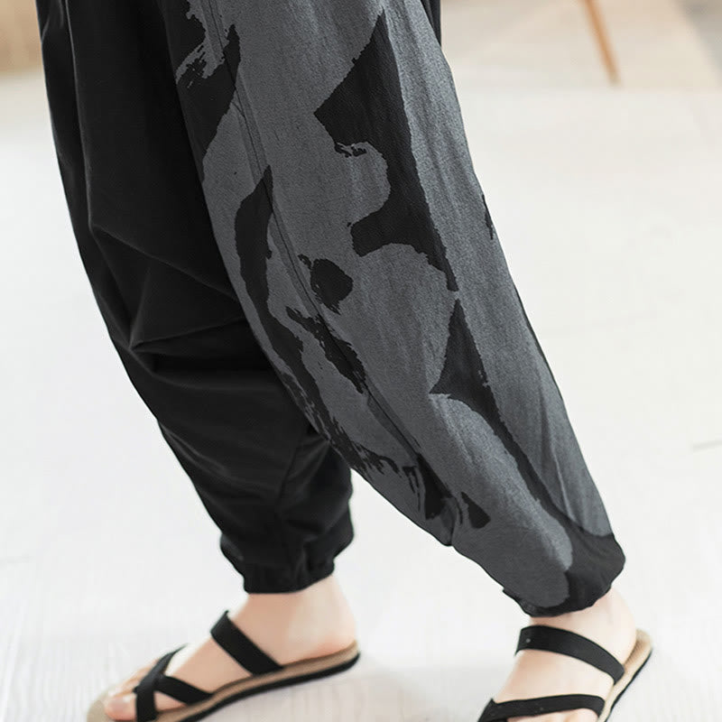 Buddha Stones Simple Summer Calligraphy Cotton Men's Harem Pants With Pockets - image 11