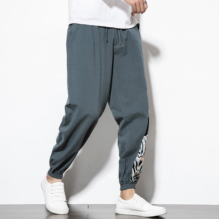 Buddha Stones Summer Dragon Waves Cotton Men's Pants With Pockets