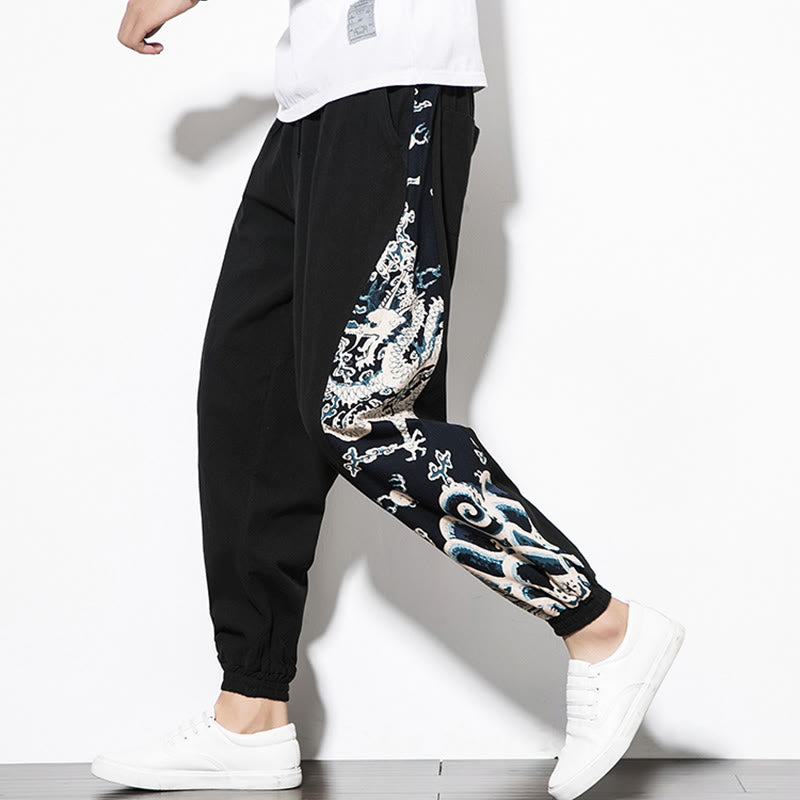 Buddha Stones Summer Dragon Waves Cotton Men's Pants With Pockets