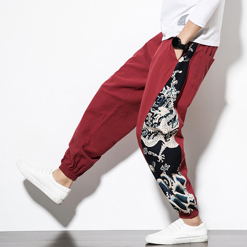 Buddha Stones Summer Dragon Waves Cotton Men's Pants With Pockets - image 27