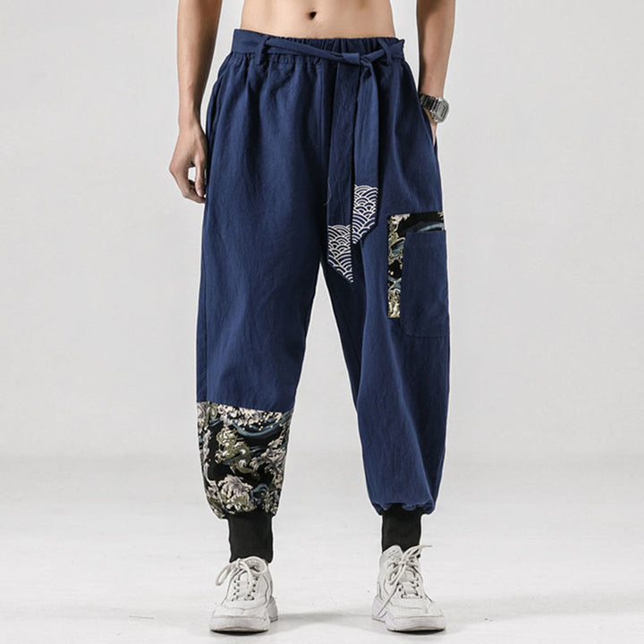 Buddha Stones Ocean Waves Lace-up Cotton Men's Harem Pants With Pockets